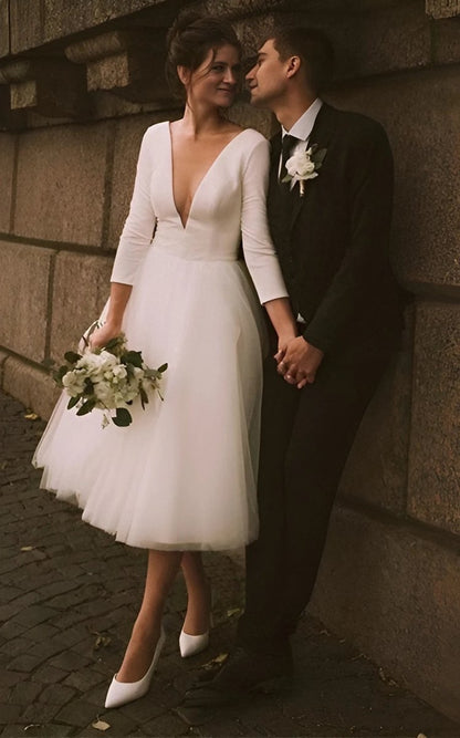 Vintage Short Casual Simple Long Sleeve A-line Tea-length Plunging Neckline Satin Wedding Dresses