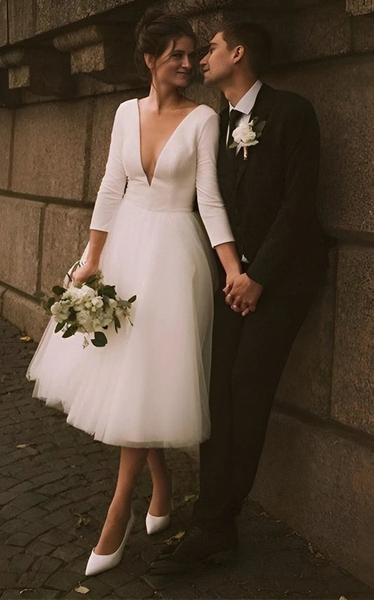 Vintage Short Casual Simple Long Sleeve A-line Tea-length Plunging Neckline Satin Wedding Dresses