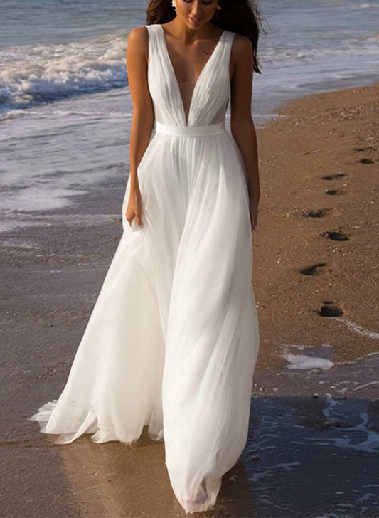 A-line Deep V-neck Sleeveless Sweep Train Tulle Beach Wedding Dresses