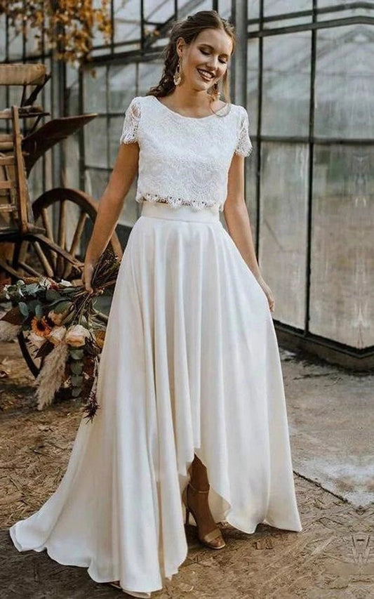 Vintage Boho Two-Piece Bateau Satin and Lace Short Sleeve Wedding Dresses with Pleats and Sweep Train