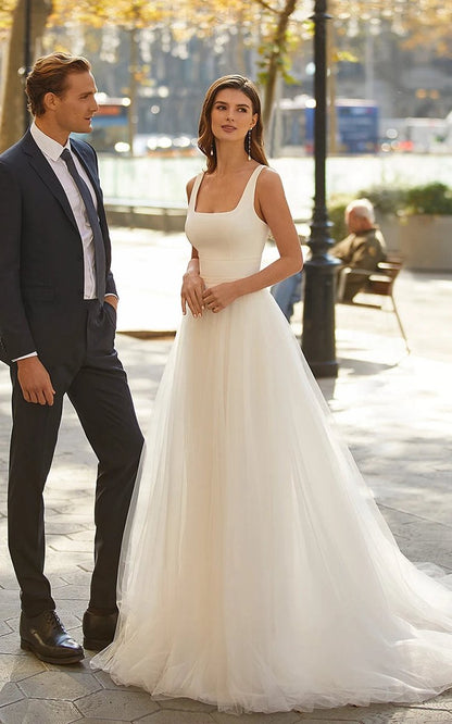 Simple A-line Minimalist Casual Square Tulle Wedding Dresses with Sweep Train