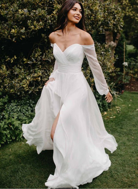 A-line Off-The-Shoulder Long Sleeves Wedding Dresses with Chiffon Slit