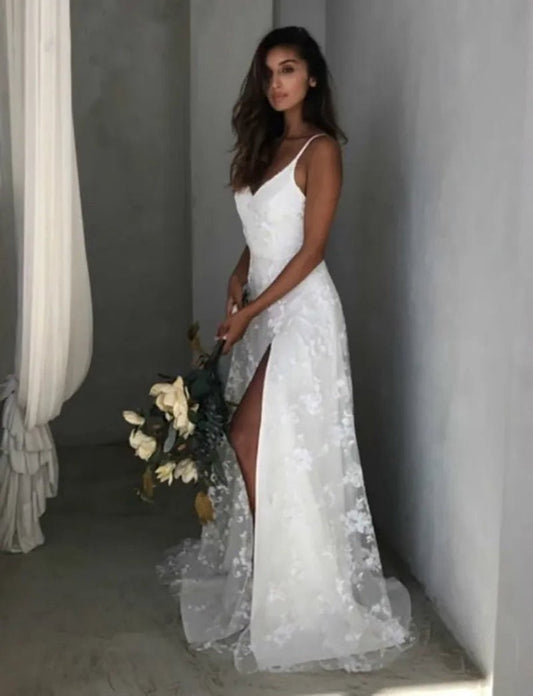 Beach V-Neck Sparkly Lace Wedding Dresses with Split Front