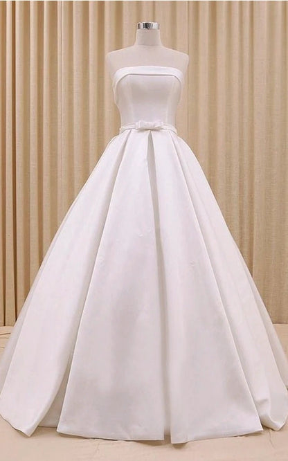 A-line Corset Strapless Floor Length Wedding Dresses with Delicate Bow Belt