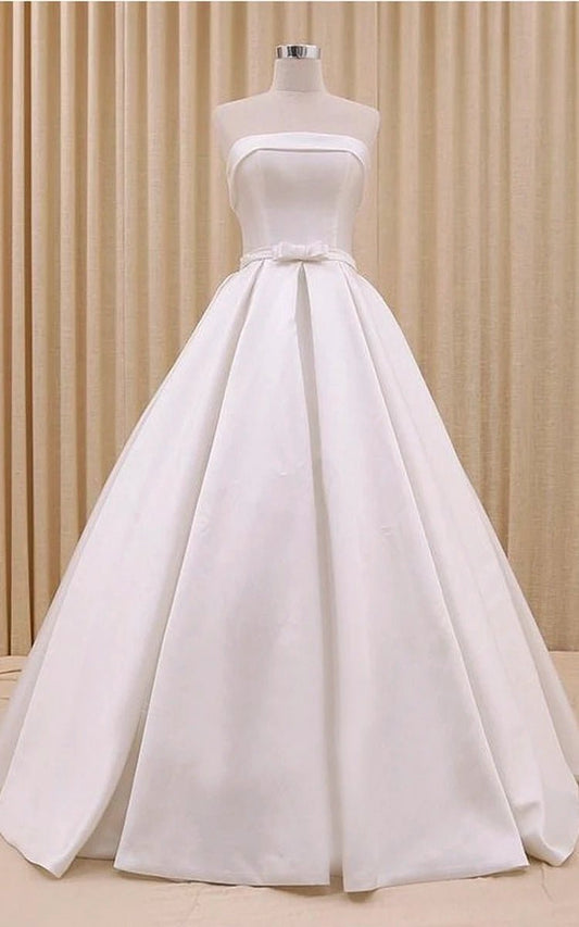 A-line Corset Strapless Floor Length Wedding Dresses with Delicate Bow Belt