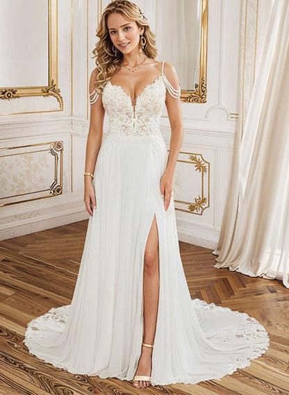 A-line V-Neck Sweep Train Wedding Dresses with Lace Split Front