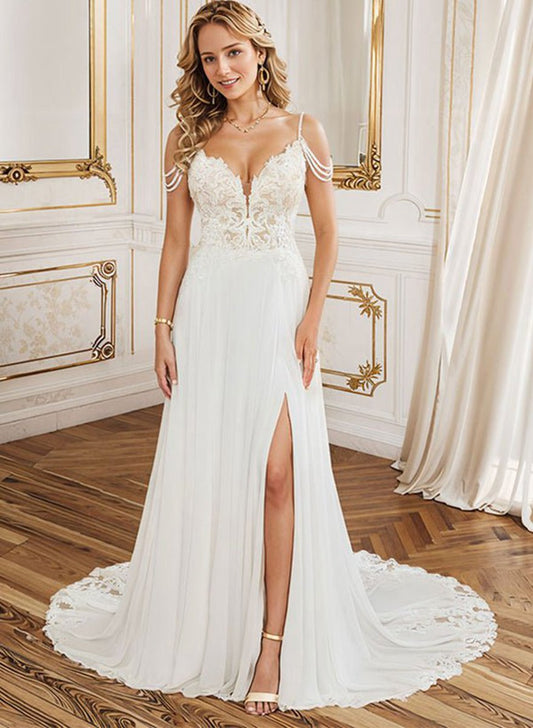 A-line V-Neck Sweep Train Wedding Dresses with Lace Split Front