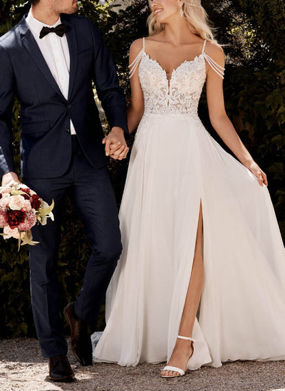 A-line V-Neck Sweep Train Wedding Dresses with Lace Split Front