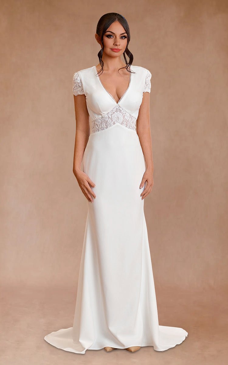 Modest Simple Sheath Short Sleeve Empire Floor-Length Sweep Train Chiffon V-neck Wedding Dresses