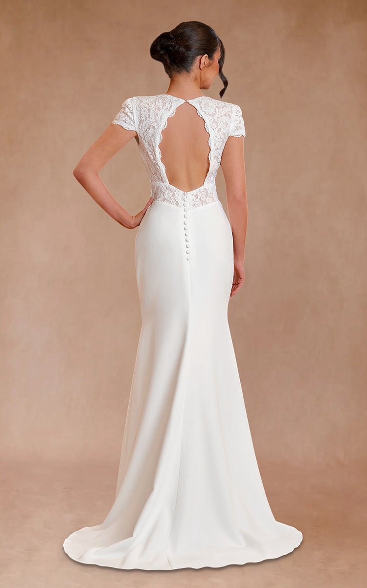 Modest Simple Sheath Short Sleeve Empire Floor-Length Sweep Train Chiffon V-neck Wedding Dresses