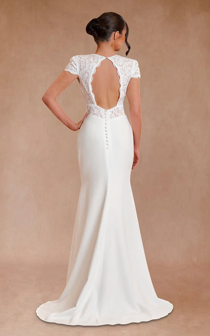 Modest Simple Sheath Short Sleeve Empire Floor-Length Sweep Train Chiffon V-neck Wedding Dresses
