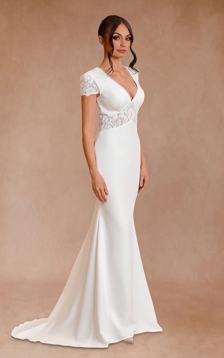 Modest Simple Sheath Short Sleeve Empire Floor-Length Sweep Train Chiffon V-neck Wedding Dresses