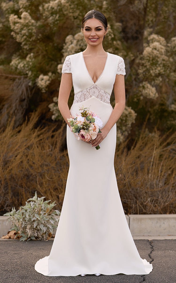 Modest Simple Sheath Short Sleeve Empire Floor-Length Sweep Train Chiffon V-neck Wedding Dresses