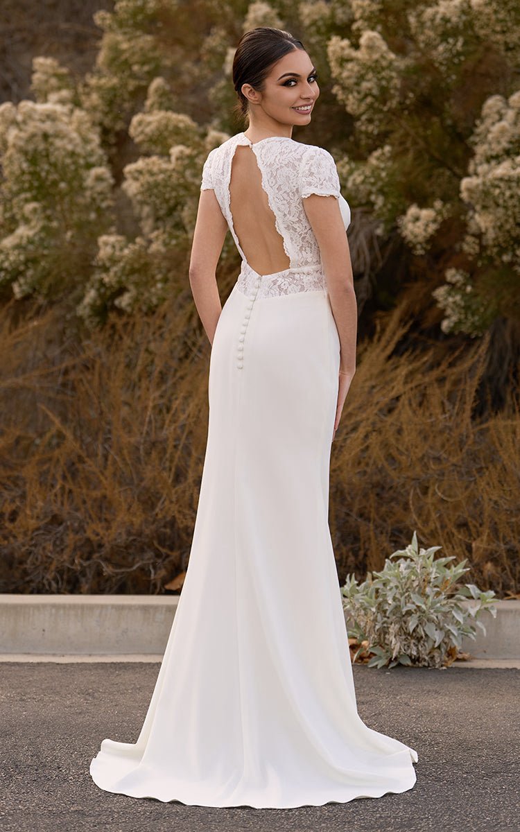 Modest Simple Sheath Short Sleeve Empire Floor-Length Sweep Train Chiffon V-neck Wedding Dresses