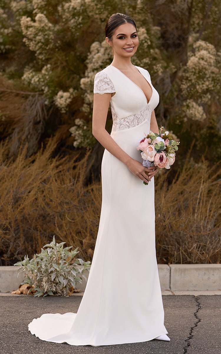 Modest Simple Sheath Short Sleeve Empire Floor-Length Sweep Train Chiffon V-neck Wedding Dresses
