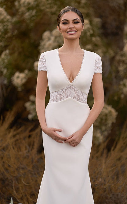 Modest Simple Sheath Short Sleeve Empire Floor-Length Sweep Train Chiffon V-neck Wedding Dresses