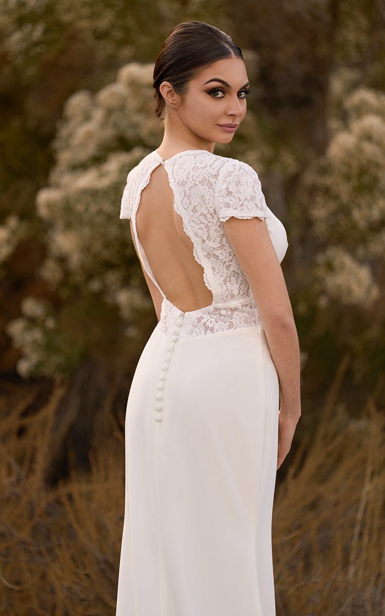 Modest Simple Sheath Short Sleeve Empire Floor-Length Sweep Train Chiffon V-neck Wedding Dresses
