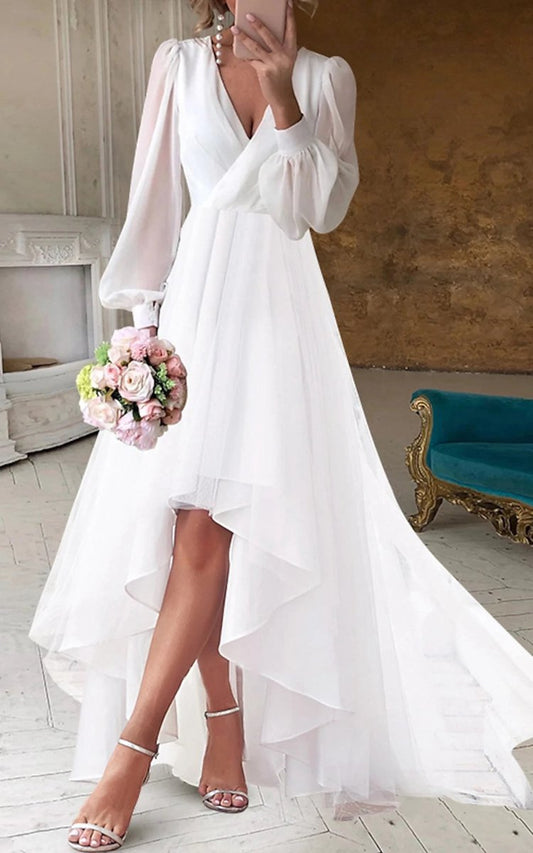 A-line V-Neck Long Sleeves Elegant Casual Asymmetrical Chiffon Wedding Dresses with Zipper Back