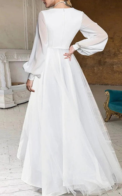 A-line V-Neck Long Sleeves Elegant Casual Asymmetrical Chiffon Wedding Dresses with Zipper Back