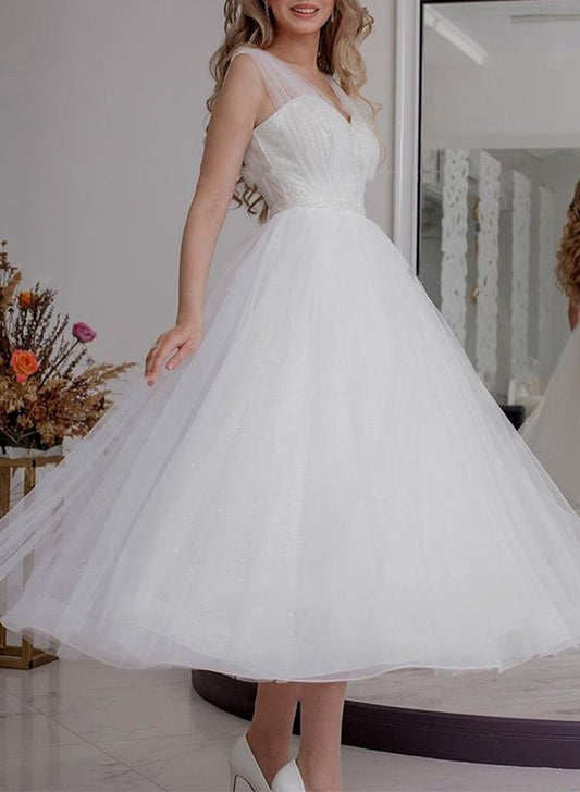 A-line V-Neck Sleeveless Ankle-Length Tulle Wedding Dresses with Sequins