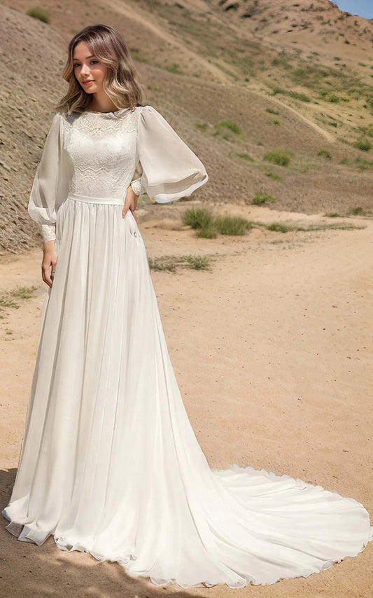Modest Long Sleeve Casual Rustic A-line Bateau Neck Wedding Dresses Gowns with Train