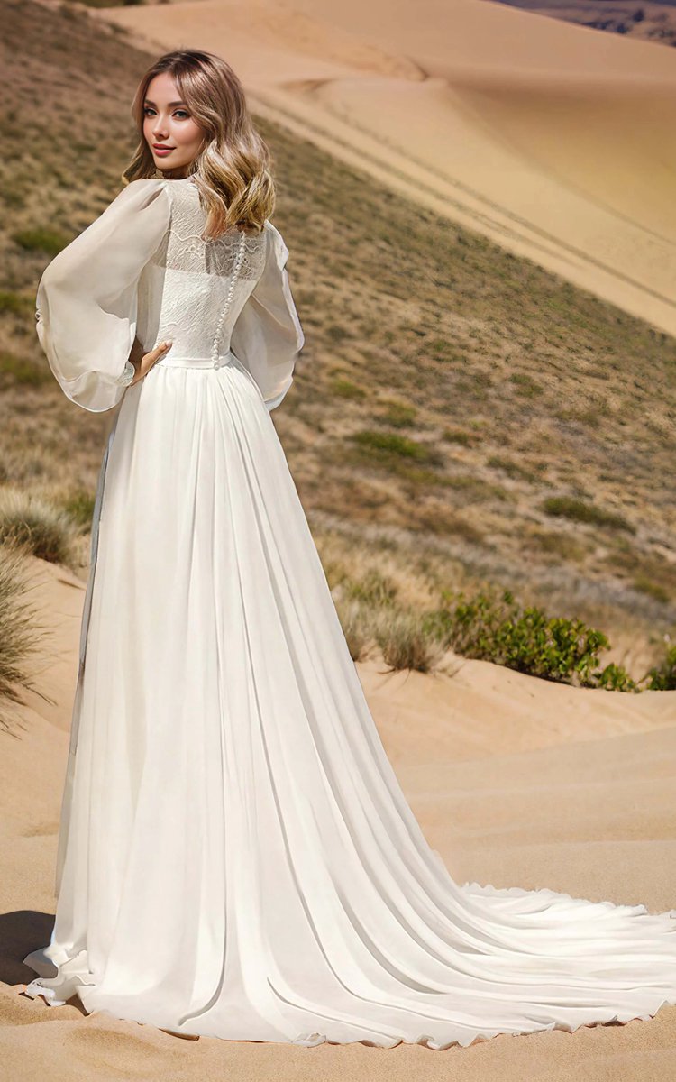 Modest Long Sleeve Casual Rustic A-line Bateau Neck Wedding Dresses Gowns with Train