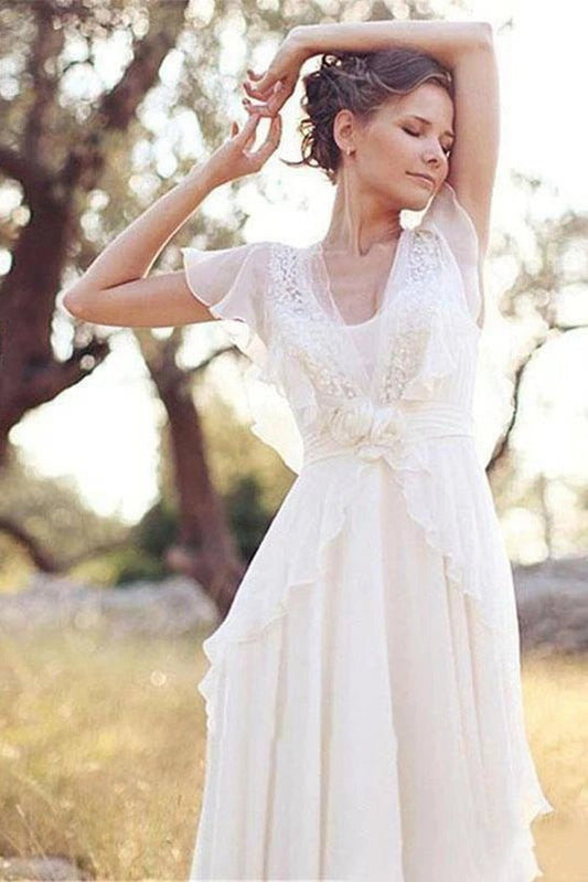 A-line Sheer Cap Sleeve Deep V Neck Backless Flower Beading Pleats Chiffon Wedding Dresses