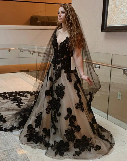 A-line V-Neck Open Back Court Train Wedding Dresses with Veil