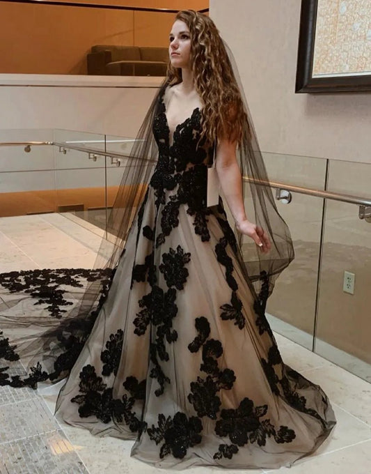 A-line V-Neck Open Back Court Train Wedding Dresses with Veil