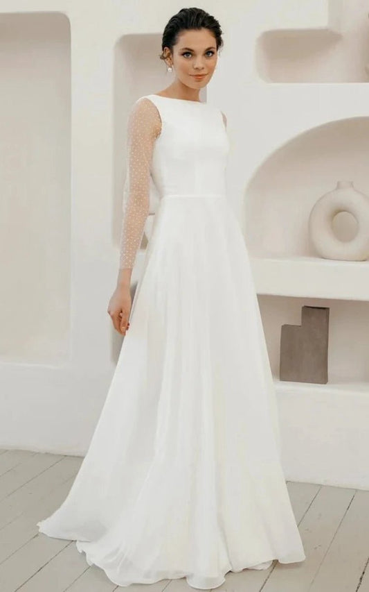 A-line Chiffon Maxi Wedding Dresses Minimalist Sleeved Pearl Button Low Back Bridal Gown