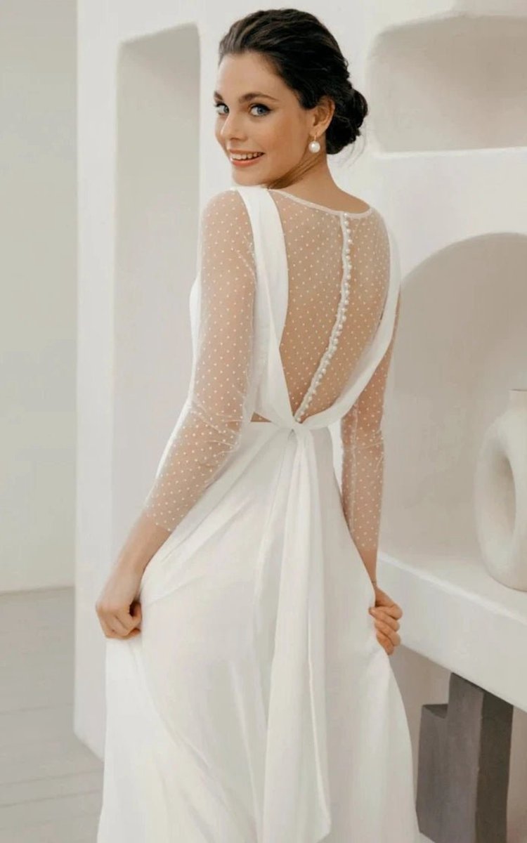 A-line Chiffon Maxi Wedding Dresses Minimalist Sleeved Pearl Button Low Back Bridal Gown