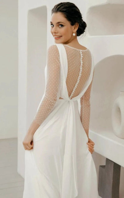 A-line Chiffon Maxi Wedding Dresses Minimalist Sleeved Pearl Button Low Back Bridal Gown