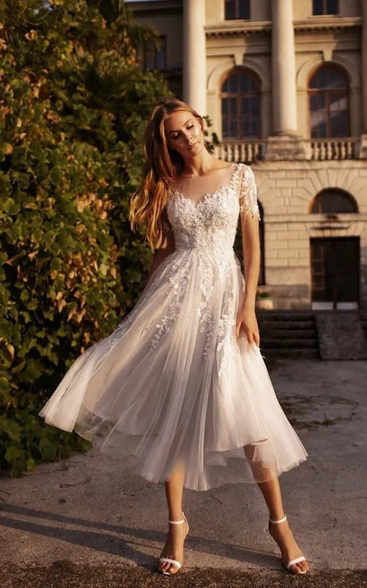Tea Length Sleeves Ethereal Modern A-line V-Neck Button Back Wedding Dresses