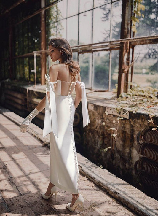 Simple Sheath Off-The-Shoulder Ankle-Length Satin Wedding Dresses
