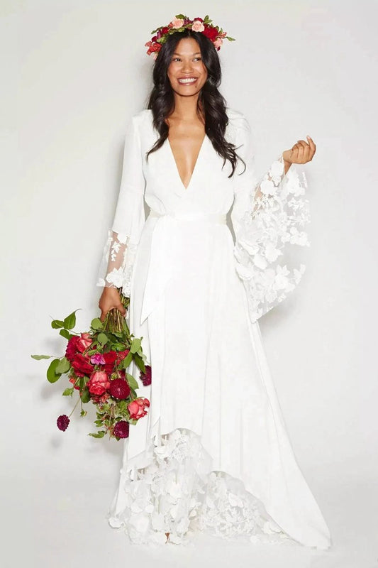 Modest Hippie Bohemian Long Sleeve V-Neck Lace Wedding Dresses