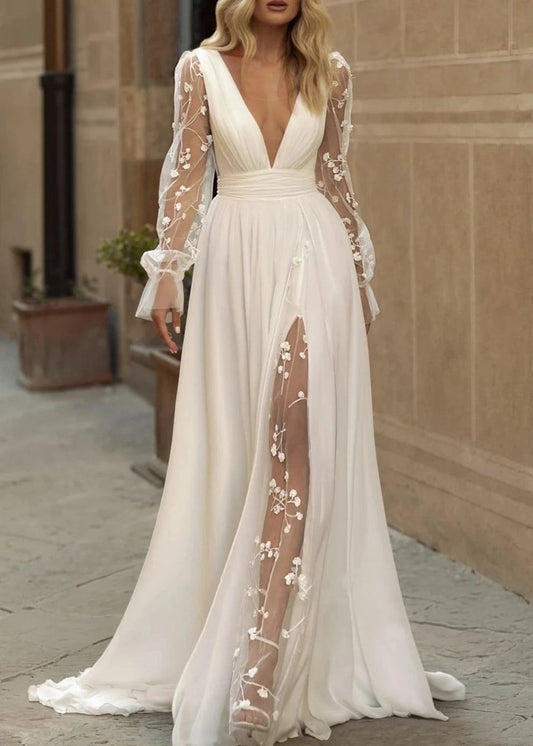 Long Sleeve Boho Flowy Wedding Dresses Lace A-line V-Neck Beach Gown with Split Front and Sweep Train