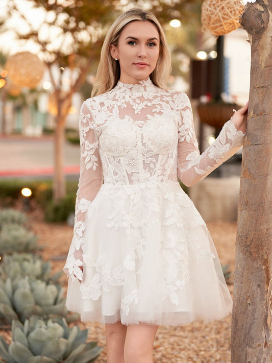Short A-line Illusion Neck Long Sleeves Lace Wedding Dresses