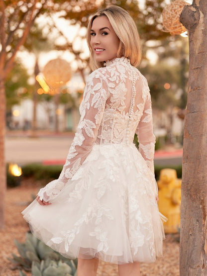 Short A-line Illusion Neck Long Sleeves Lace Wedding Dresses