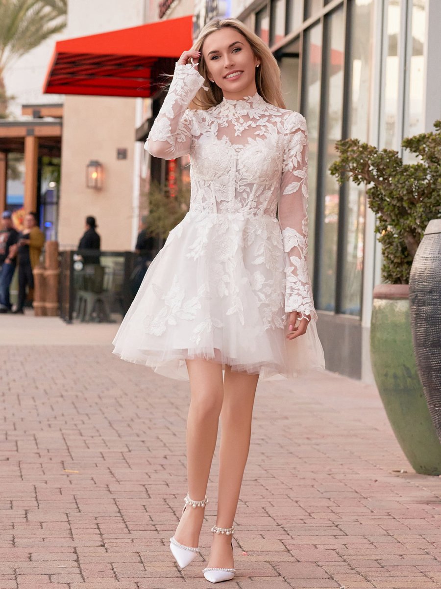Short A-line Illusion Neck Long Sleeves Lace Wedding Dresses