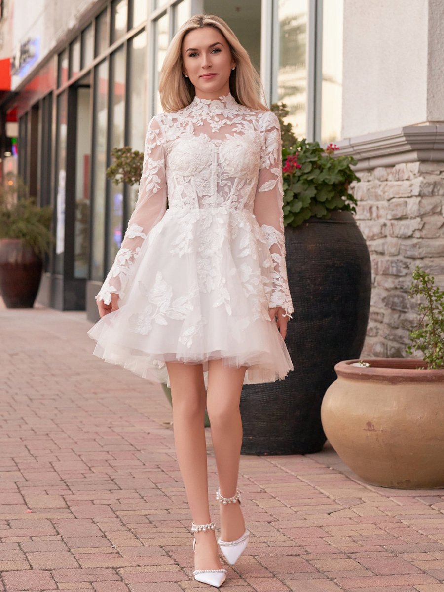 Short A-line Illusion Neck Long Sleeves Lace Wedding Dresses