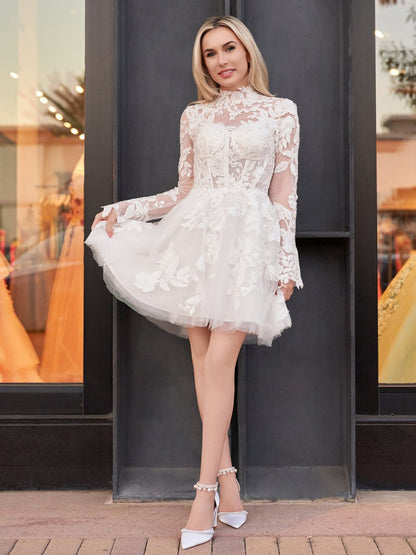 Short A-line Illusion Neck Long Sleeves Lace Wedding Dresses
