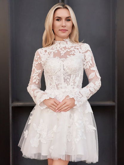 Short A-line Illusion Neck Long Sleeves Lace Wedding Dresses