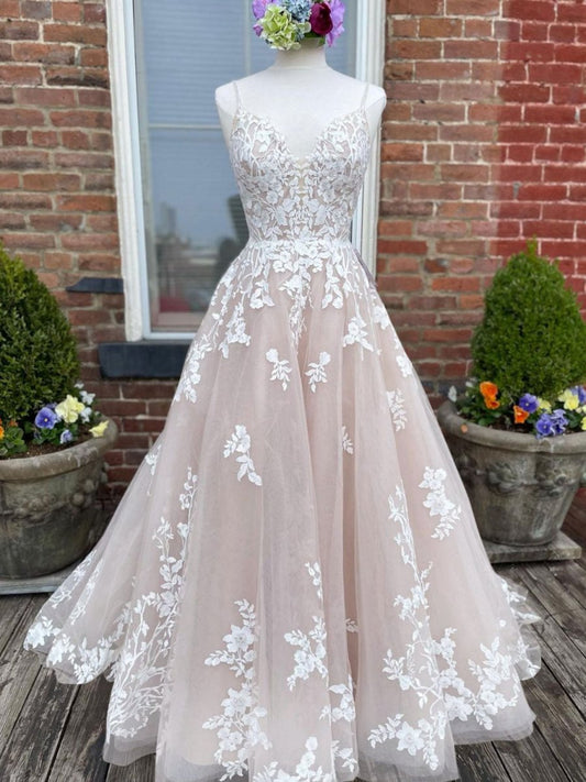V Neck Lace Tulle Long Wedding Dresses with Lace-Up Back