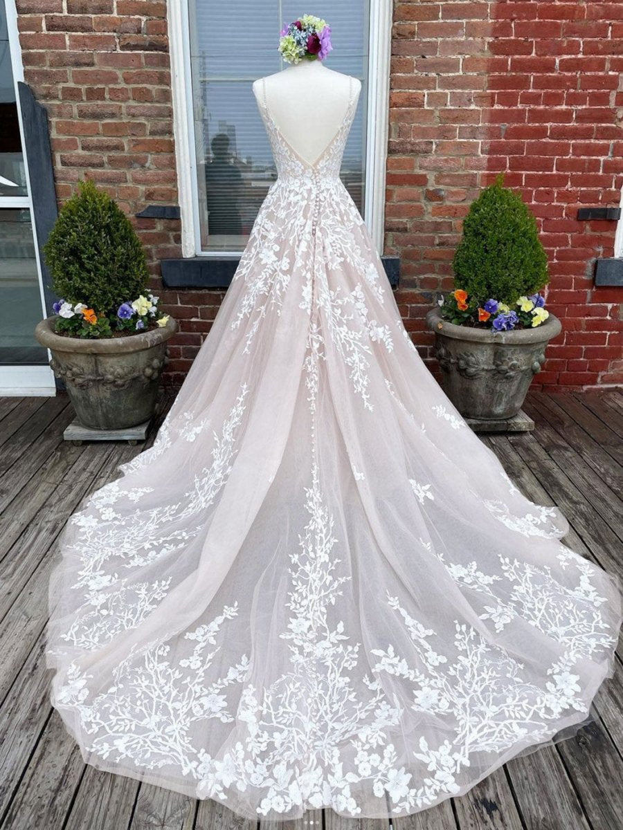 V Neck Lace Tulle Long Wedding Dresses with Lace-Up Back