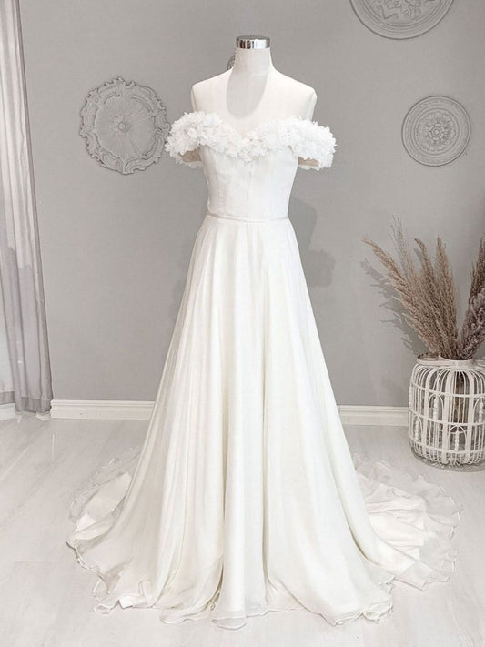 Off Shoulder Flowers Long Beach Wedding Dresses