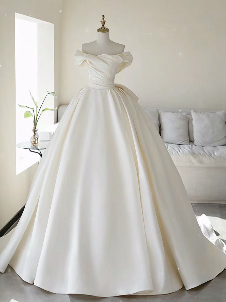Simple A-line Off the Shoulder Satin Long Wedding Dresses