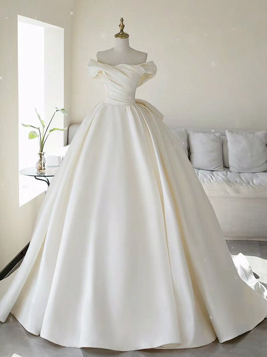 Simple A-line Off the Shoulder Satin Long Wedding Dresses