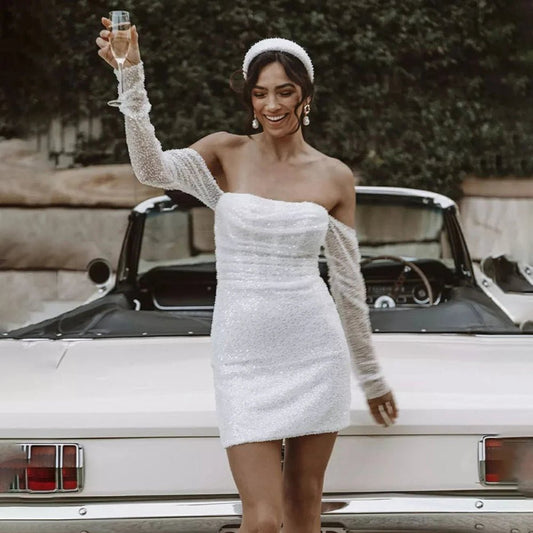 Chic Short Sequined Backless Wedding Dresses with Long Detachable Sleeves