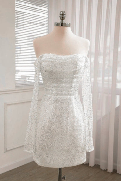 Chic Short Sequined Backless Wedding Dresses with Long Detachable Sleeves