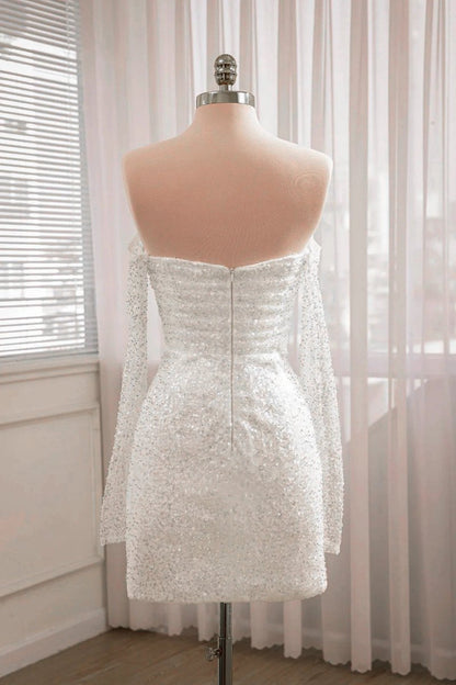 Chic Short Sequined Backless Wedding Dresses with Long Detachable Sleeves